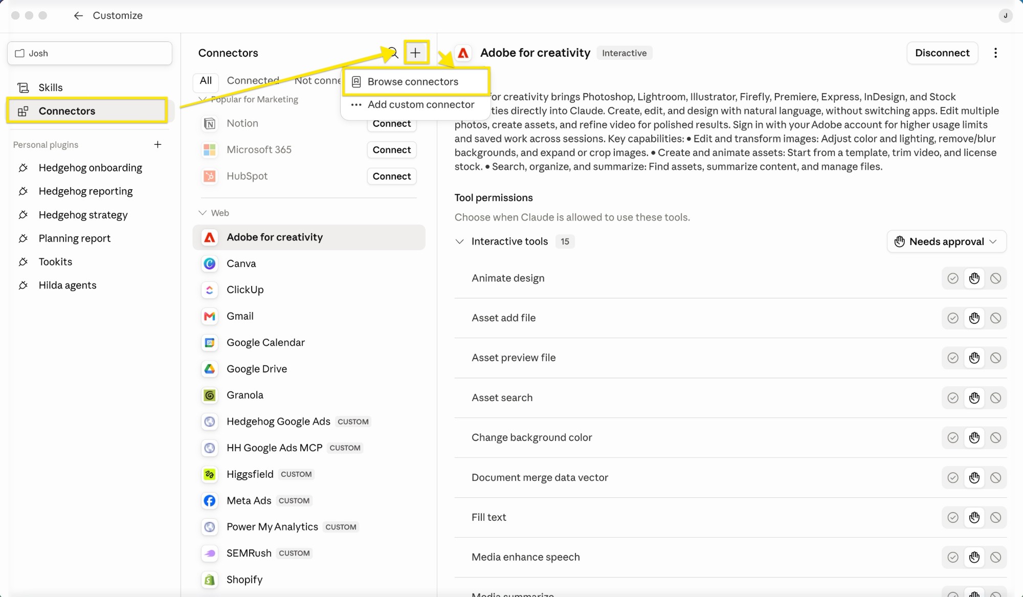 Customize, then Connectors, then + then Browse connectors